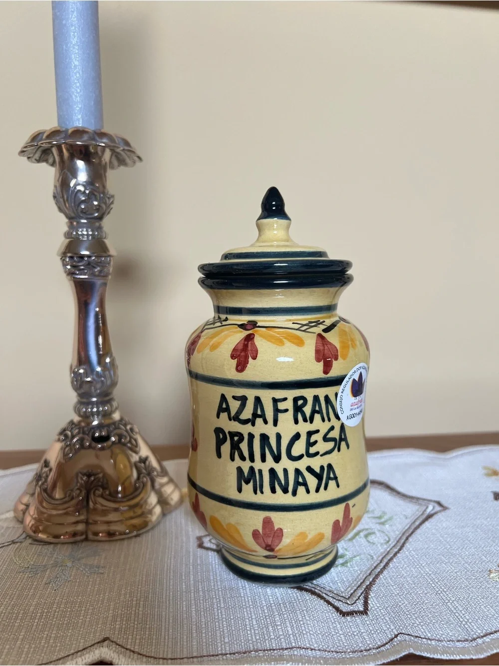 Princesa de Minaya Saffron Jar with Lid Ceramic Hand-Painted Yellow Blue - EMPTY